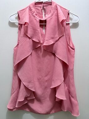 New York & Company Pink Ruffle Sleeveless Keyhole Top